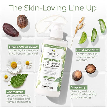 Tree to Tub Unscented Shea Butter Body Lotion for Dry Skin - Fragrance Free Lotion,Vegan Body Moisturizer, Good for Sensitive Skin for both Women & Men