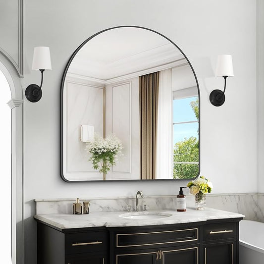 Arched Bathroom Mirror, 36"x40" Black Arched Mirror for Bathroom, Wall Mounted Mirror, Black Vanity Wall Mirror w/Metal Frame for Bedroom, Entryway, Living Room, Vertically Hanging