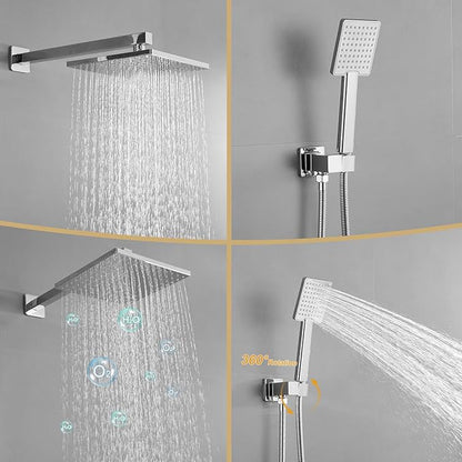 BWE Chrome Shower Faucet Set,Rainfall Shower Head with Handheld Shower,Two Functions Bathroom Luxury Shower Combo Set,Wall Mounted Shower System with Brass Rough-in Valve and Trim Kit