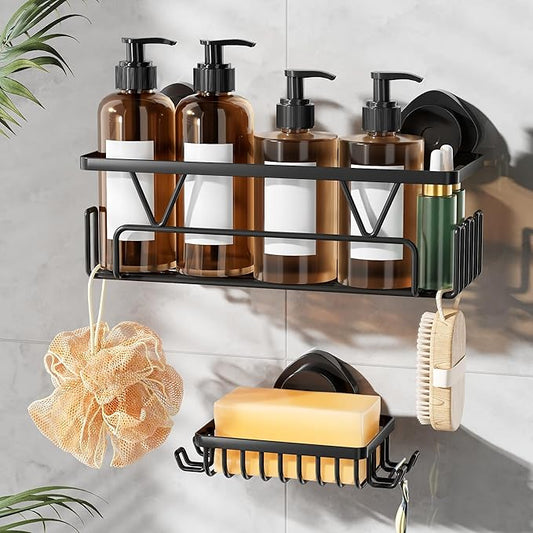 KEGII Suction Cup Shower Caddy, 2 Pack Shower Suction Shelf with Soap Holder & Hooks, No Drilling Bathroom Organizer, Stainless Steel Shampoo Holder for Bathroom Storage Basket, Black