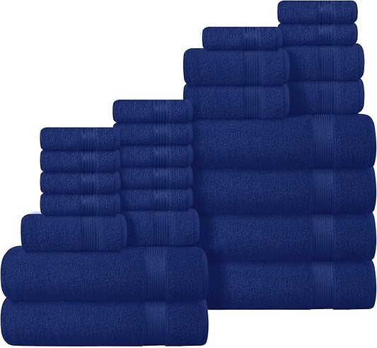 Belizzi Home 100% Cotton Towel Set, Contains 6 Soft Bath Towel, 6 Hand Towels, 12 Wash Cloths - Compact Absorbent Lightweight & Quickdry Towels for Bathroom - 24 Piece Bathroom Towel Set - Navy Blue