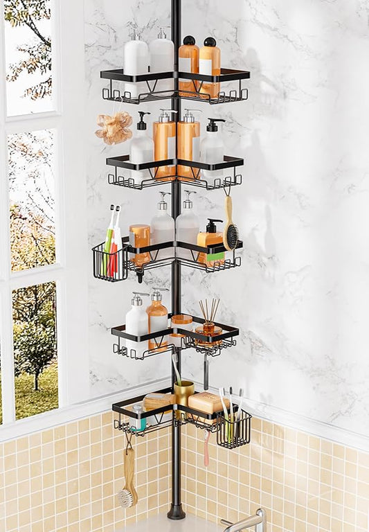 Adjustable Tension Pole Shower Caddy, 5-Tier Stainless Steel Shower Shelf Organizer with 2 Movable Toothbrush Holders, 25-115 Inches Extendable Bath Tub Conner Storage Shelf for Family, Black