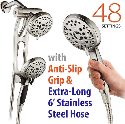 High Pressure 48-mode Luxury 3-way Combo with Adjustable Extension Arm – Dual Rain & Handheld Shower Head – Extra Long 6 Foot Stainless Steel Hose – All Brushed Nickel Finish – Top US Brand