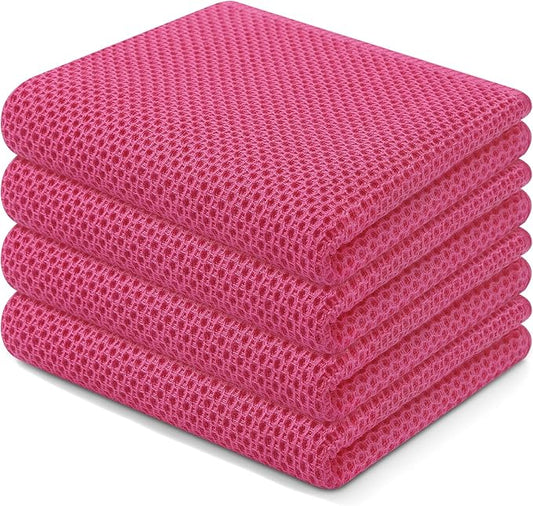 Homaxy 100% Cotton Waffle Weave Kitchen Dish Towels, Ultra Soft Absorbent Quick Drying Cleaning Towel, 13 x 28 Inches, 4-Pack, Hot Pink