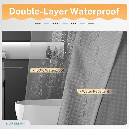 River Dream 3 in 1 Shower Curtain Set, Extra Long Waffle Fabric Shower Curtain and Waterproof Clear Liner Set with Double Sided Metal Hooks, Grey, 72" W*84" H