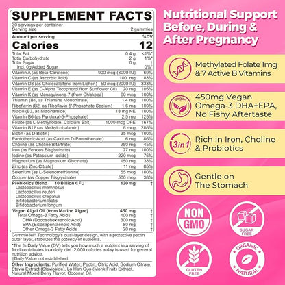 Prenatal Multivitamin Gummy for Women w/Methylfolate 1mg, Iron Choline Omega-3(DHA+EPA), Prenatal Vitamins for Women Gummies, Postnatal Vitamins | Before,During & After Pregnancy, Sugar Free,120Cts