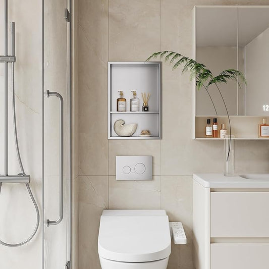 Neodrain 12X18 Inch Brushed Shower Niche, Double Shelf Stainless Steel No Tile Needed Bathroom Cabinet, Two Layer Recessed Built-in Wall Niche Waterproof