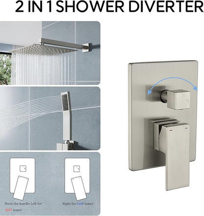 WELLFOR 12-In Wall Mounted Rain Shower Faucet with Single Handle and Handheld Spray, Waterfall Dual Head Shower Head System with 2-way Diverter, Pressure-balanced Valve Included, Brushed Nickel