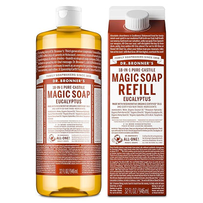 Dr. Bronner's Pure-Castile Liquid Magic Soap Bottle & Refill Carton - Made with Regenerative Organic Certified Oils- 18-in-1 Uses for Face, Body Wash, Hand Soap Refill- Eucalyptus, 32oz + Refill