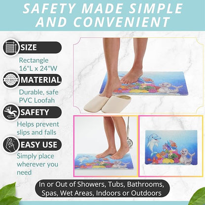 ENKOSI Loofah Non-Slip Shower and Bath Mat - Soft Cushioned Comfort - No Suction Cups for Smooth or Textured Tubs - Fast Draining - Safety for Bathroom, Family, Kids, and Elderly (24x16 Dolphin)