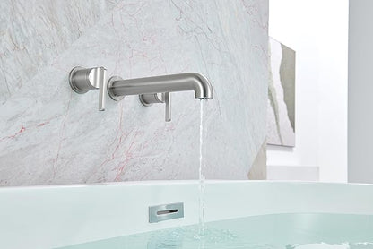 SITGES Solid Brass Wall Mount Tub Filler, 10" Long Spout Reach Wall Mount Bathtub Faucet with Two Lever Handles, High-End Design, High Flow Bathtub Faucet with Rough-in Valve Included,Brushed Nickel