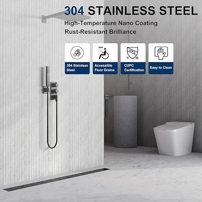 Neodrain 28 Inch Rectangular Linear Shower Drain with Brick Pattern Grate, 304 Stainless Steel Bathroom Floor Drain,Shower Floor Drain Includes Adjustable Leveling Feet, Hair Strainer,Black