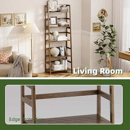 Ladder Shelf, 5-Tier Bookshelf, All Bamboo Heavy Duty Bookcase, Freestanding Open Wood Storage Rack, Modern Corner Display Plant Stand for Living Room, Home Office, Bathroom, Bedroom, Walnut