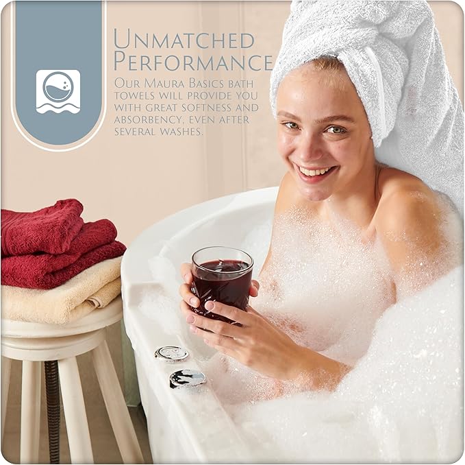 MAURA Basics Performance Bath Towels 100% Turkish Cotton with Hook Loops. Extra Large Luxury Absorbent Plush Towel Sets for Bathroom, Daily Use American Standard Size 27”x54”, White