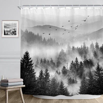 Riyidecor Extra Long Black and White Shower Curtain 72Wx84H Inch Misty Nature Mountain Tree Foggy Scene Alpine Natural Botanical View Pine Wood Bathroom Decor Fabric Polyester Waterproof 12 Pack Hooks