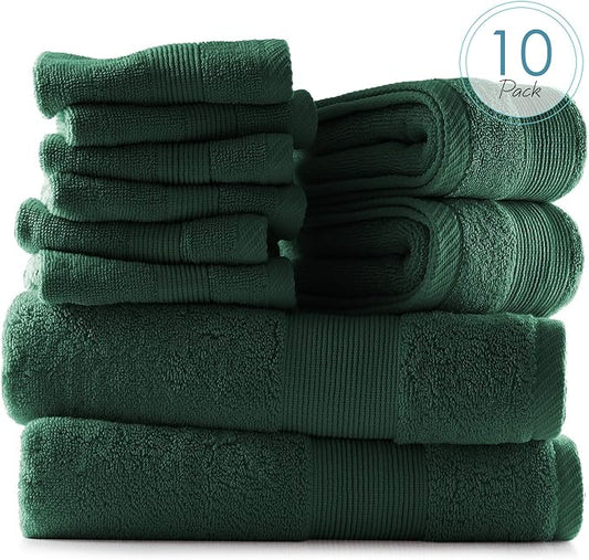 Hearth & Harbor Bath Towels for Bathroom - 100% Ring Spun Cotton Luxury Bathroom Towels - Ultra Soft & Highly Absorbent, Bath Towels Set of 10 - Hunter Green