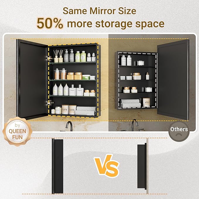 16x26 Pre-Assembled Black Medicine Cabinet with Mirror, Surface or Recessed Medicine Cabinet Mirror for Bathroom, Aluminum Beveled Frame Bathroom Vanity Mirror with Adjustable Shelves Storage