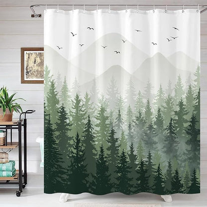 Aipon Green Misty Forest Shower Curtain Ombre Nature Tree Plants Shower Curtains Fabric Waterproof Mountain Shower Curtain Sets for Bathroom Bath Decor with 12 Hooks (Green, 72'' × 84'')