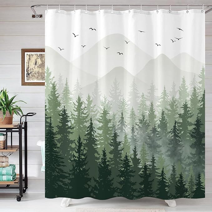 Aipon Green Misty Forest Shower Curtain Ombre Nature Tree Plants Shower Curtains Fabric Waterproof Mountain Shower Curtain Sets for Bathroom Bath Decor with 12 Hooks (Green, 72'' × 78'')