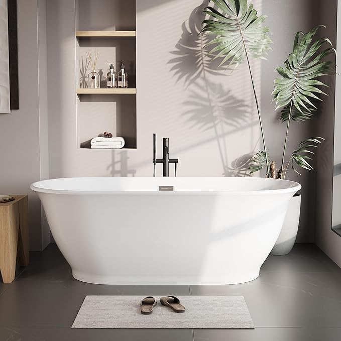 59 Inch Acrylic Freestanding Bathtub, Bathtub with Matte Drain and Overflow, Modern Square Tub, Deep Ergonomic Design, cUPC Certified, Double-Walled Insulation, Easy Install and Safe Use, White