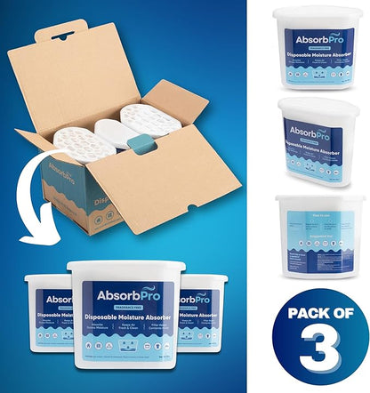 Moisture Absorber Tub Fragrance Free - 3-Pack - 18 oz Unscented Disposable Odor Eliminator Box & Dehumidifier for Garage, Home, Kitchen, Bedroom, Bathroom, Closet, Cars, and Boats