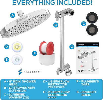 SparkPod Round Rain Shower Head with Shower Head Extension Arm - High Pressure Rain - Luxury Modern Look - No Hassle Tool-less 1-Min Installation (11" Shower Arm Extension, Luxury Polished Chrome)
