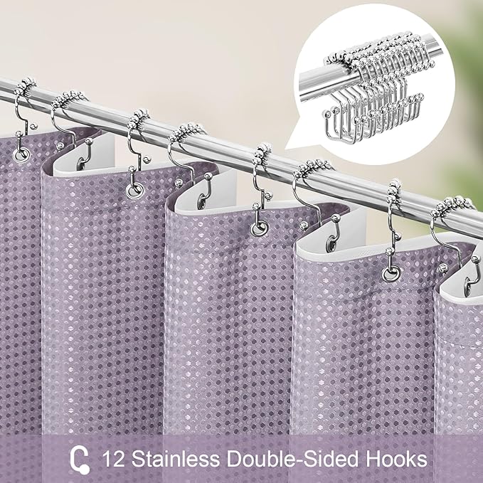3 in 1 Long Purple Shower Curtain Set-72 W x 78 H, Lavender Waffle and PEVA Liner Set with 12 Stainless Steel Hooks, Waterproof Fabric for Bathroom