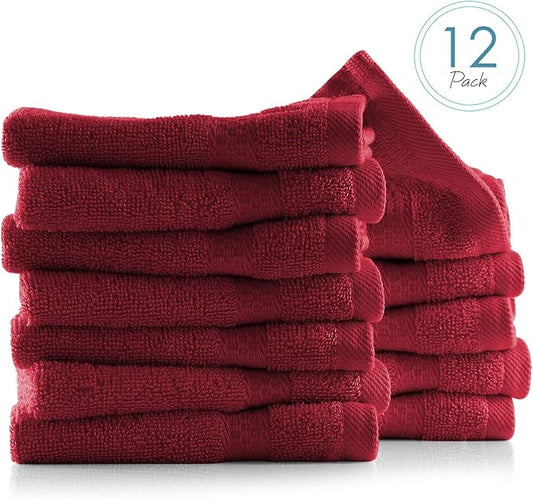 Hearth & Harbor Washcloths 12 Pack - 100% Cotton Washcloth for Body and face, High Absorbent and Soft 13"x13" Body Wash Cloth, Quick Dry - Red Washcloths