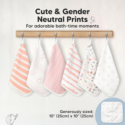 6-Pack Cotton Baby Washcloths for Newborn - Organic Cotton Muslin Soft Wash Cloths for Babies, Infant, Kids,Toddler Towels for Boy,Girl,Super Absorbent Face Cloths,Scratch-free Baby Rags (Sweet Charm)