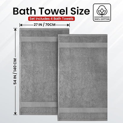 Infinitee Xclusives Luxury 100% Ring-Spun Cotton Bath Towels Set of 4 (27x54 inches) – Soft, Absorbent & Quick-Drying Towels for Bathroom, Gym, Spa & Hotel Use (Charming Grey, Bath Towels)