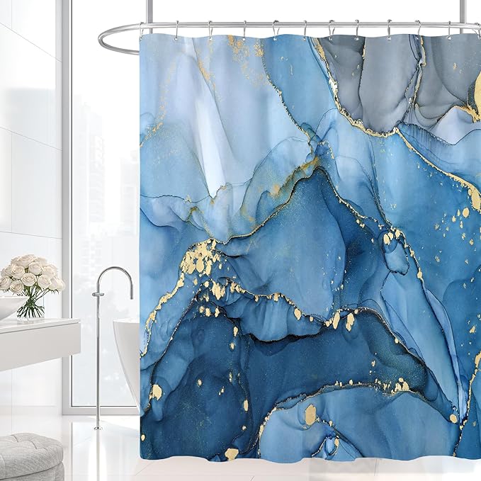 Extra Long Shower Curtain 72 x 84 Inch, Blue Tall Abstract Marble Shower Curtains for Bathroom, Modern Luxury Art Decor Ink Texture Fabric Shower Curtain Set with Hooks