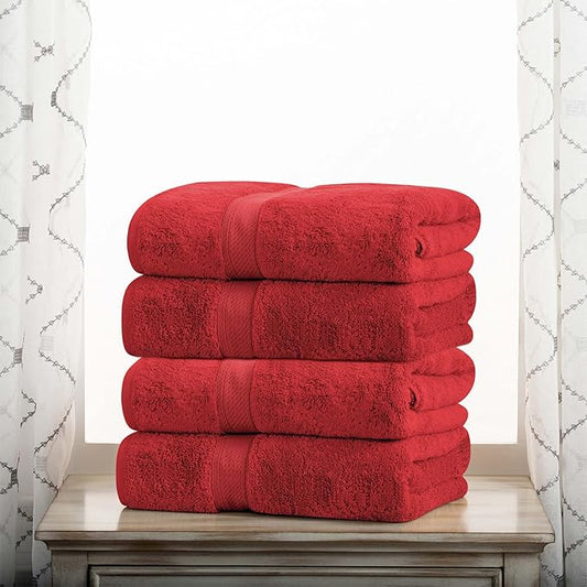 BNM Egyptian Cotton Heavyweight Towels, Ideal For Bathroom, Shower, Spa, 800 GSM Bath Towels, Highly-Absorbent, Luxury Bathroom Essentials, Ultra-Soft Plush Home Basics, Bath Towel Set of 4, Red