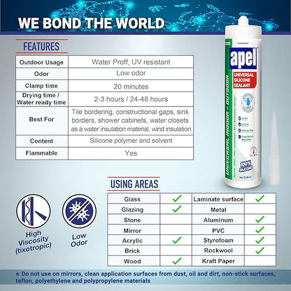 apel All Purpose Clear Silicone Sealant Waterproof (1 x 10.5 fl.oz.), 100% Silicone Caulk, Weatherproof & Flexible Adhesive Sealant for Indoor and Outdoor Use, Transparent - 1 Pack