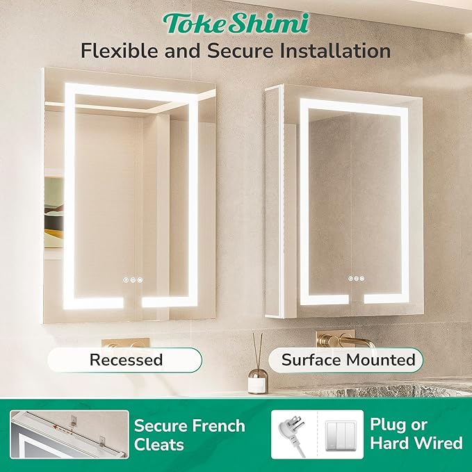 TokeShimi 20x26 Lighted Medicine Cabinet Mirrored Surface Mount 3 Color Dimmable, Anti-Fog Recessed Medicine Cabinet Mirror with Light and Outlet, 2-Side Led Bathroom Mirror with Storage