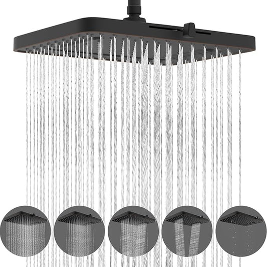 Hibbent 5 Spray Modes Shower Head, 13'' High Pressure Rain Shower Head, Large Rainfall Showerhead, High Flow Waterfall Bathroom Fixed Showerheads with Adjustable Swivel Ball Joint, Oil Rubbed Bronze