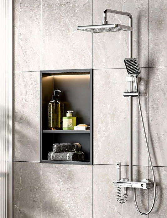 Black LED Shower Niche Stainless Steel 304 for Bathroom Storage Lighting,No Tile Need Recessed Wall Double-Shelves for Waterproof Lighting and Storage，Matte Black, 18" * 12"
