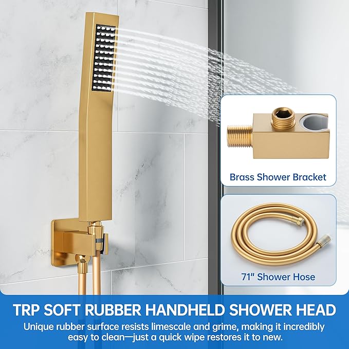 8 Inch Luxury Rain Shower Faucet Set, Brushed Gold Shower System with Rainfall Shower Head and Handheld Spray, SUS304 Stainless Steel and Solid Brass Wall Mounted Shower Valve Trim Kit