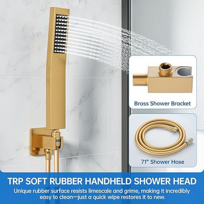 16 Inch Luxury Rain Shower Faucet Set, Brushed Gold Shower System with Rainfall Shower Head and Handheld Spray, SUS304 Stainless Steel and Solid Brass Wall Mounted Shower Valve Trim Kit