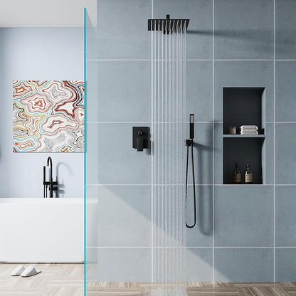 WELLFOR 12-In Wall Mounted Rain Shower Faucet with Single Handle and Handheld Spray, Waterfall Dual Head Shower Head System with 2-way Diverter, Pressure-balanced Valve Included, Matte Black