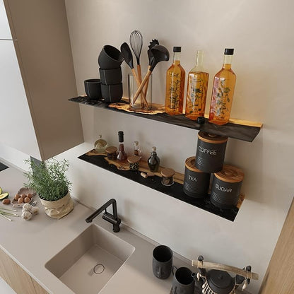 RWA Live Edge Floating Shelf – Unique Wood Floating Shelf for Wall Decor, Living Room, Bedroom, or Bathroom – Stylish Decorative Wall Shelves for Home & Office (Live Edge, Black - 16x6)