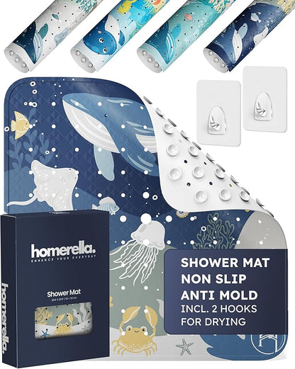 homerella® Shower Mat Non Slip Anti Mold, Non Slip Shower Mats for Inside Shower Stall Anti Slip Mat, Square Shower Floor Mat 21 x 21 in with Suction Cups & Hooks for Quick Drying, Machine Washable