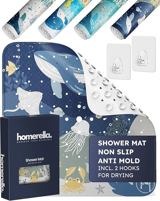 homerella® Shower Mat Non Slip Anti Mold, Non Slip Shower Mats for Inside Shower Stall Anti Slip Mat, Square Shower Floor Mat 21 x 21 in with Suction Cups & Hooks for Quick Drying, Machine Washable