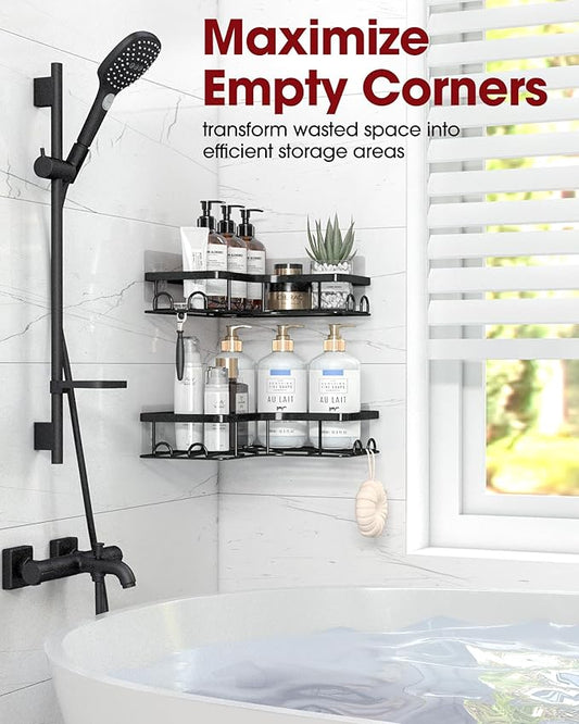 Corner Shower Caddy - 2 Pack, Adhesive Shower Organizers, Rustproof Stainless Steel Shower Shelves with 8 Hooks, No Drilling Bathroom Organizers and Storage Racks, Space-Saving, Black,Medium
