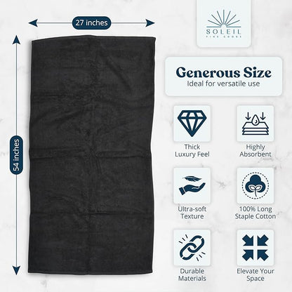 Soleil Fine Goods Luxurious 800 GSM 100% Cotton Bath Towel Set (4-Pack, 27x54) - Heavyweight & Ultra Absorbent, Plush Softness for Bathroom | Hotel & Spa Quality Luxury Towels- Charcoal