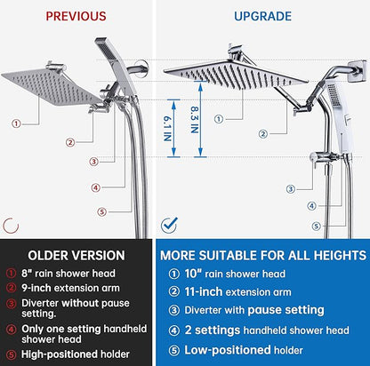 G-Promise All Metal 10 Inches Rain Shower Head with Handheld Built-in Power Wash Mode, 3-way Diverter with Pause Setting, 11 Inches Adjustable Extension Arm with Lock Joint, Long Hose (Chrome)