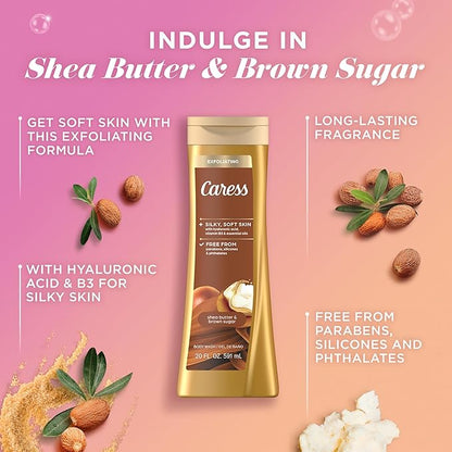 Caress Body Wash for Women, Shea Butter & Brown Sugar, Hydrating and Exfoliating Shower Gel for Gorgeous Radiant Skin, 20 fl oz, 4 Pack