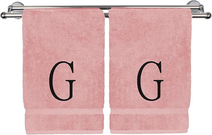 Monogrammed Hand Towel, Personalized Initial Gift, Extra Absorbent 100% Turkish Cotton - Soft Terry Finish - Set of 2 - Black Block Initial G - Embroidered on Pink Towels
