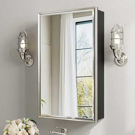 16x26 Pre-Assembled Bathroom Medicine Cabinet Mirror, Surface or Recessed Brushed Nickel Medicine Cabinet with Mirror & Rustproof Aluminum Frame, Beveled Bathroom Vanity Mirror with Storage