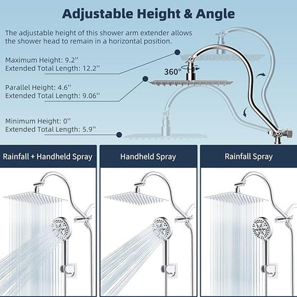 Hibbent All Metal CUPC Certified Shower Head, 8'' High Pressure Rainfall Shower Head, Handheld Showerhead Combo, 12'' Adjustable Extension Arm, 10 Sprays, 71'' Shower Hose, Showerhead Holder, Chrome