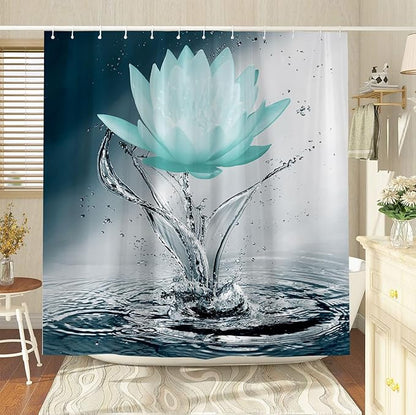 Lotus Shower Curtain Black White Blue Teal Flower Elegant Blooming Floral with Dew Spring Flower Reflection on Water Modern Romantic Polyester Fabric Bathroom Decor 70×78 Inch with Hook